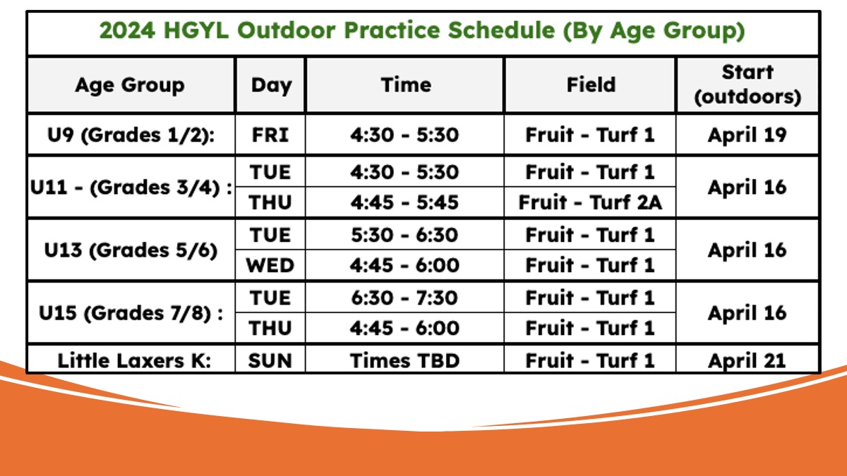 2024 HGYL Outdoor Practice Schedule